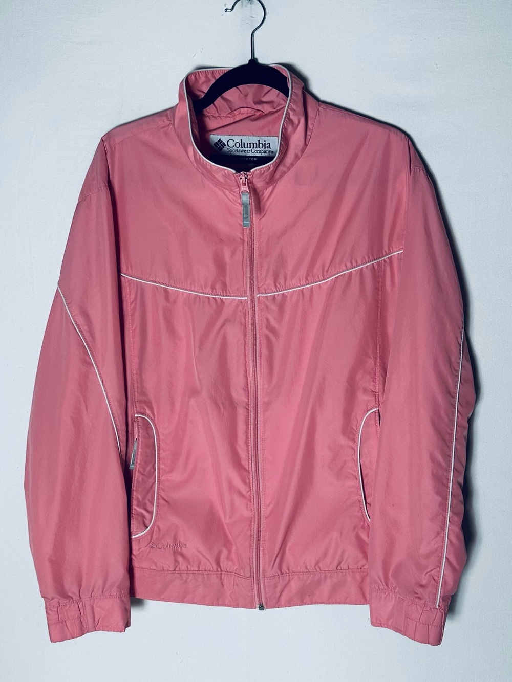 Columbia Pink White Piping Full Zip Windbreaker Jacket XL Mesh Lined Outerwear